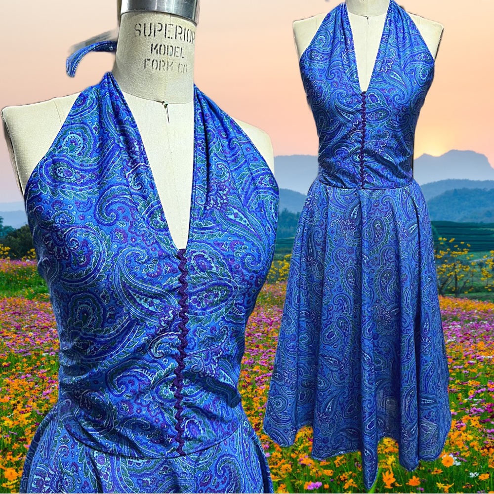 Blue Paisley Halter Dress w/Full Circle Skirt